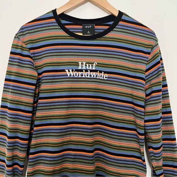 HUF Shirt Mens Small Striped Long Sleeve Pullover Worldwide Logo Embroidered - Picture 2 of 13